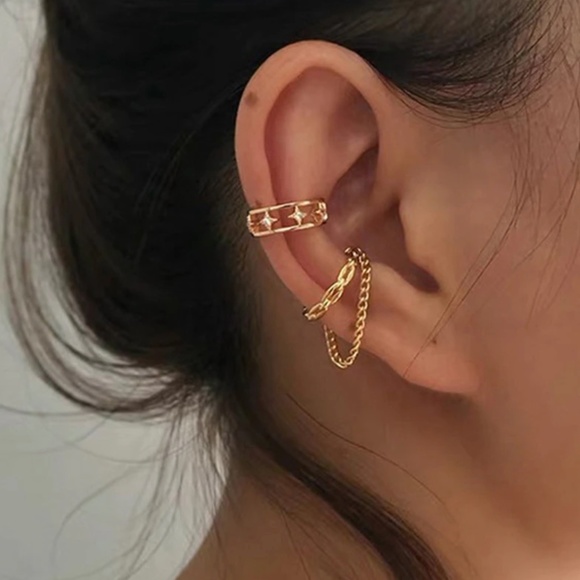 Star Chain and Tassel Minimalist Gold Cuff Earrings - Picture 1 of 7